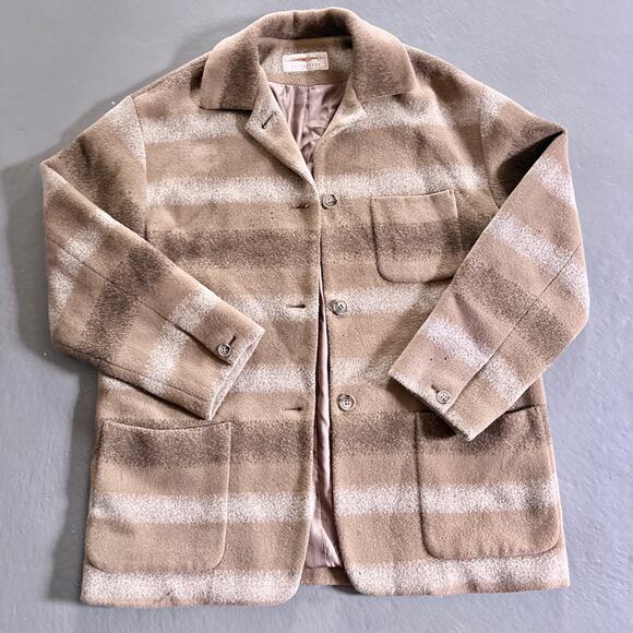 Vintage Time Postmodern Plaid Fleece Shacket Brown Beige Stripes - Picture 1 of 15